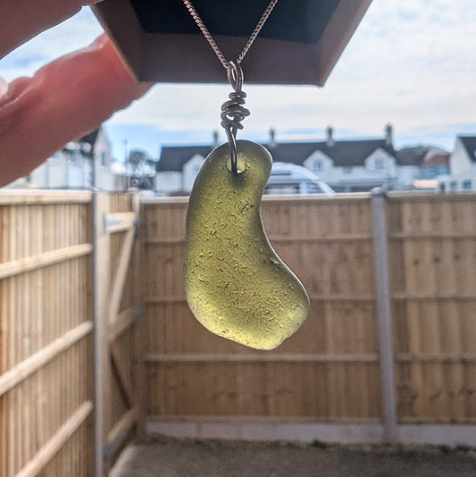 Recycled Silver Wire Wrapped Dark Olive Green Seaglass Pendant Necklace - Not Lost Jewellery