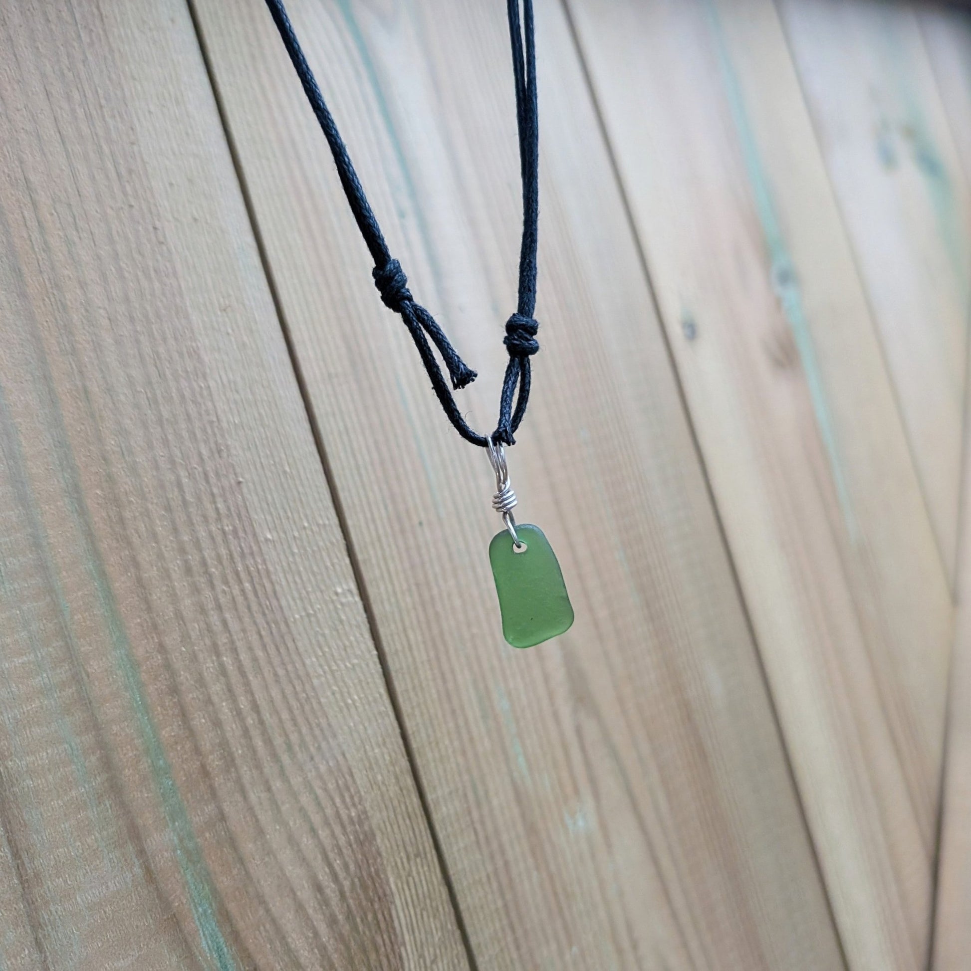 Recycled Silver Wire Wrapped Emerald Green Seaglass Pendant Cord Necklace - Not Lost Jewellery