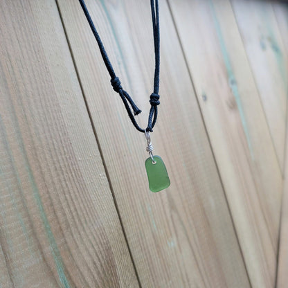 Recycled Silver Wire Wrapped Emerald Green Seaglass Pendant Cord Necklace - Not Lost Jewellery