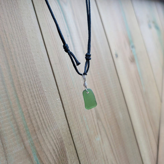 Recycled Silver Wire Wrapped Emerald Green Seaglass Pendant Cord Necklace - Not Lost Jewellery