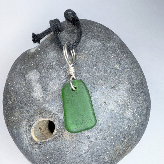 Recycled Silver Wire Wrapped Emerald Green Seaglass Pendant Cord Necklace - Not Lost Jewellery