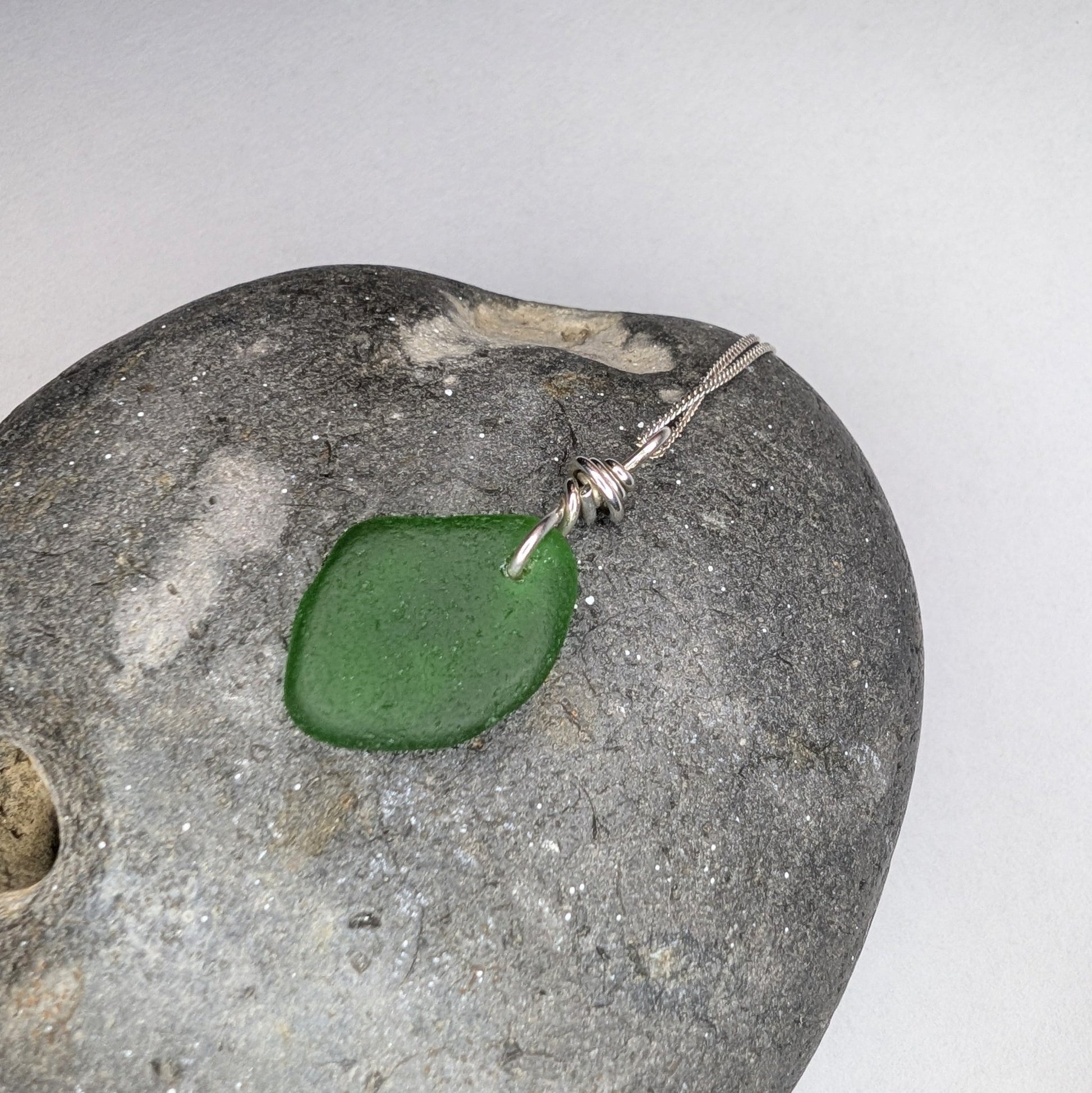Recycled Silver Wire Wrapped Emerald Green Seaglass Pendant Necklace - Not Lost Jewellery