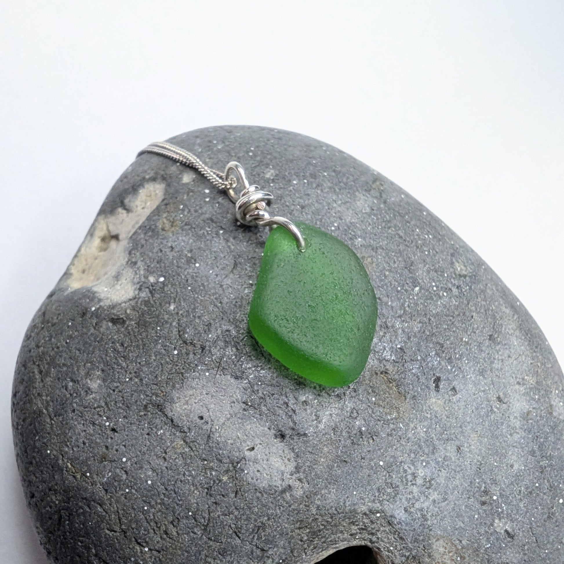 Recycled Silver Wire Wrapped Emerald Green Seaglass Pendant Necklace - Not Lost Jewellery