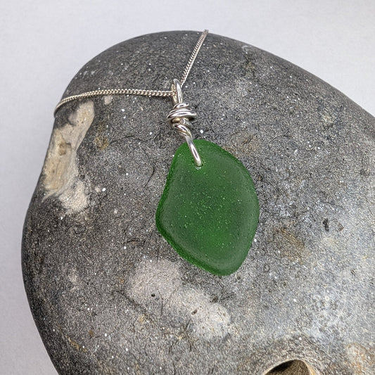 Recycled Silver Wire Wrapped Emerald Green Seaglass Pendant Necklace - Not Lost Jewellery