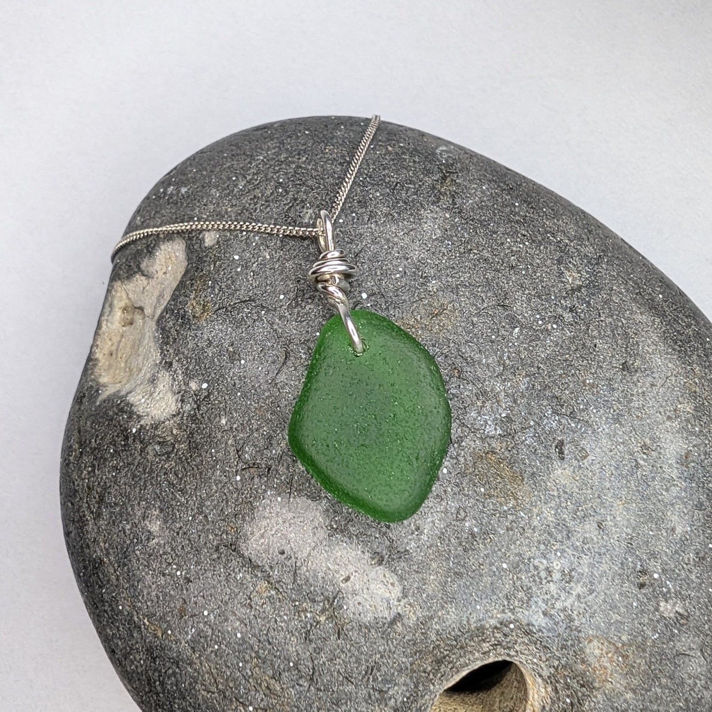 Recycled Silver Wire Wrapped Emerald Green Seaglass Pendant Necklace - Not Lost Jewellery