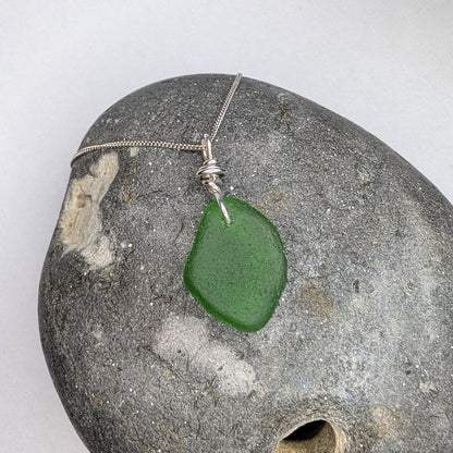 Recycled Silver Wire Wrapped Emerald Green Seaglass Pendant Necklace - Not Lost Jewellery