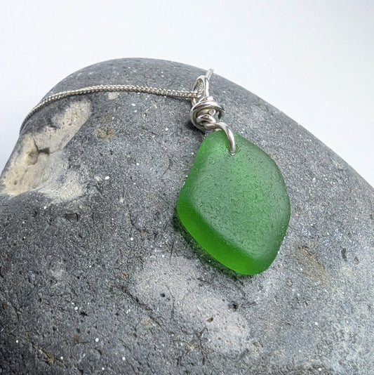 Recycled Silver Wire Wrapped Emerald Green Seaglass Pendant Necklace - Not Lost Jewellery
