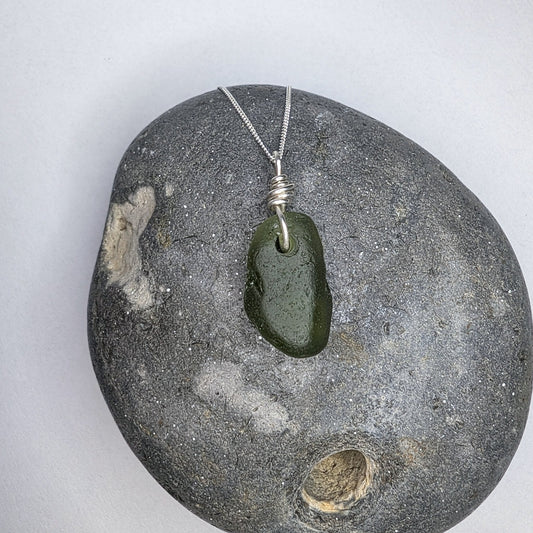 Recycled Silver Wire Wrapped Olive Green Seaglass Pendant Necklace - Not Lost Jewellery
