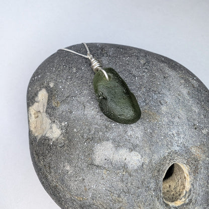 Recycled Silver Wire Wrapped Olive Green Seaglass Pendant Necklace - Not Lost Jewellery
