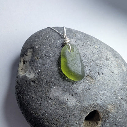 Recycled Silver Wire Wrapped Olive Green Seaglass Pendant Necklace - Not Lost Jewellery