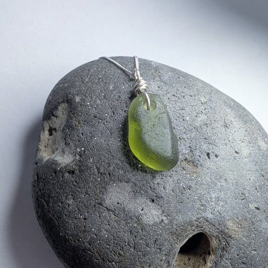 Recycled Silver Wire Wrapped Olive Green Seaglass Pendant Necklace - Not Lost Jewellery