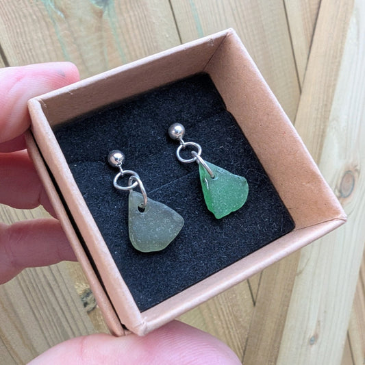 Recycled Sterling Silver Green Seaglass Stud Dangle Earrings - Not Lost Jewellery