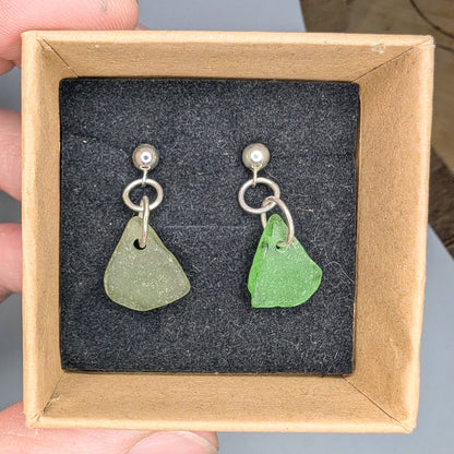 Recycled Sterling Silver Green Seaglass Stud Dangle Earrings - Not Lost Jewellery