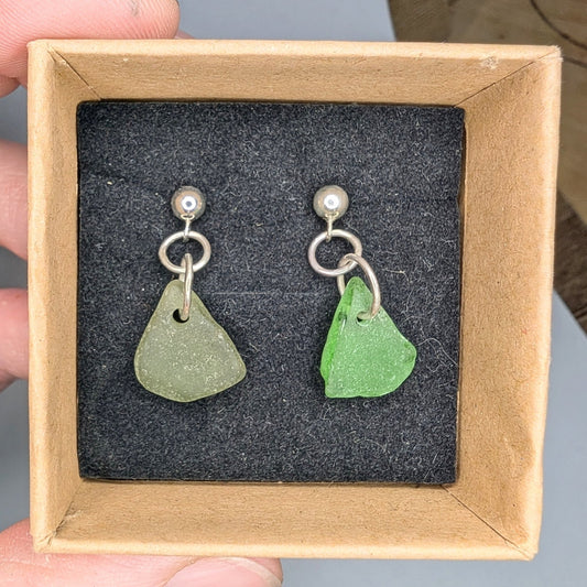 Recycled Sterling Silver Green Seaglass Stud Dangle Earrings - Not Lost Jewellery
