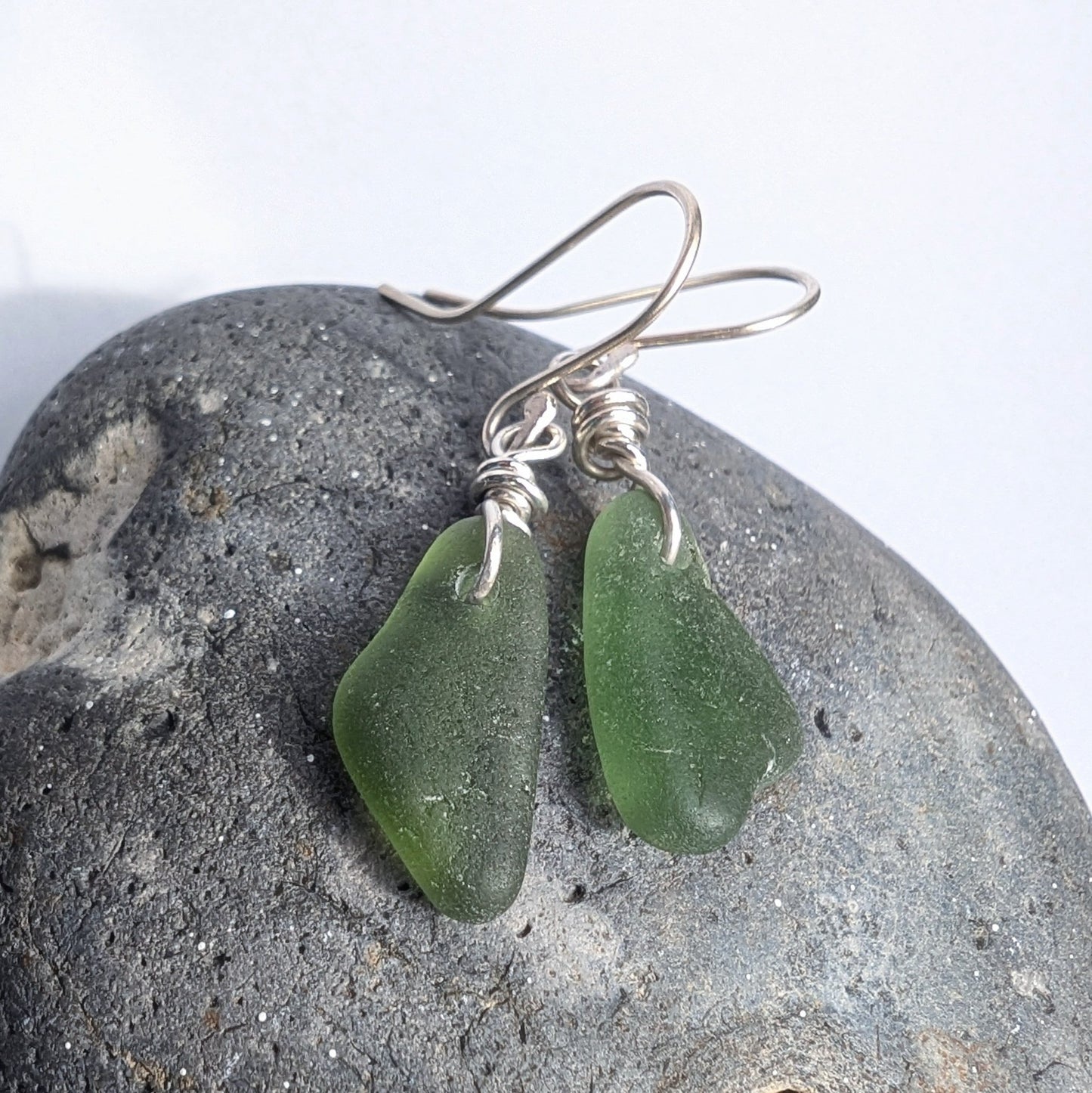 Recycled Sterling Silver Wire Wrapped Green Seaglass Dangle Hook Earrings - Not Lost Jewellery