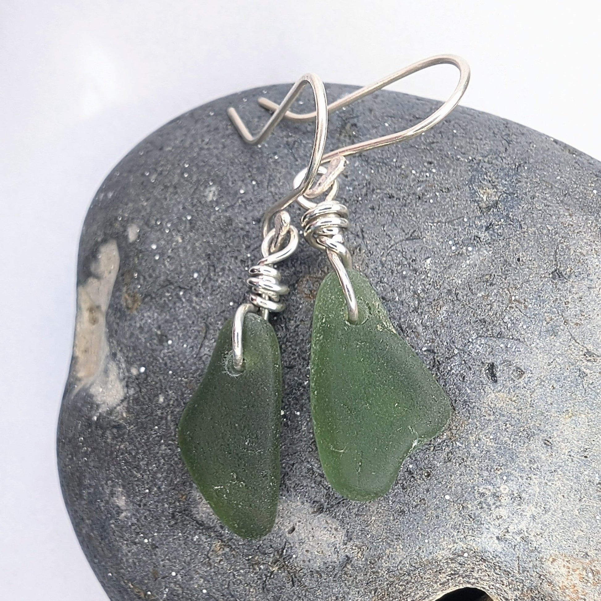 Recycled Sterling Silver Wire Wrapped Green Seaglass Dangle Hook Earrings - Not Lost Jewellery