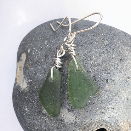 Recycled Sterling Silver Wire Wrapped Green Seaglass Dangle Hook Earrings - Not Lost Jewellery