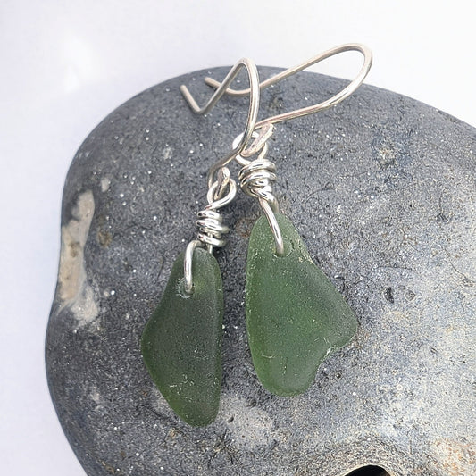 Recycled Sterling Silver Wire Wrapped Green Seaglass Dangle Hook Earrings - Not Lost Jewellery