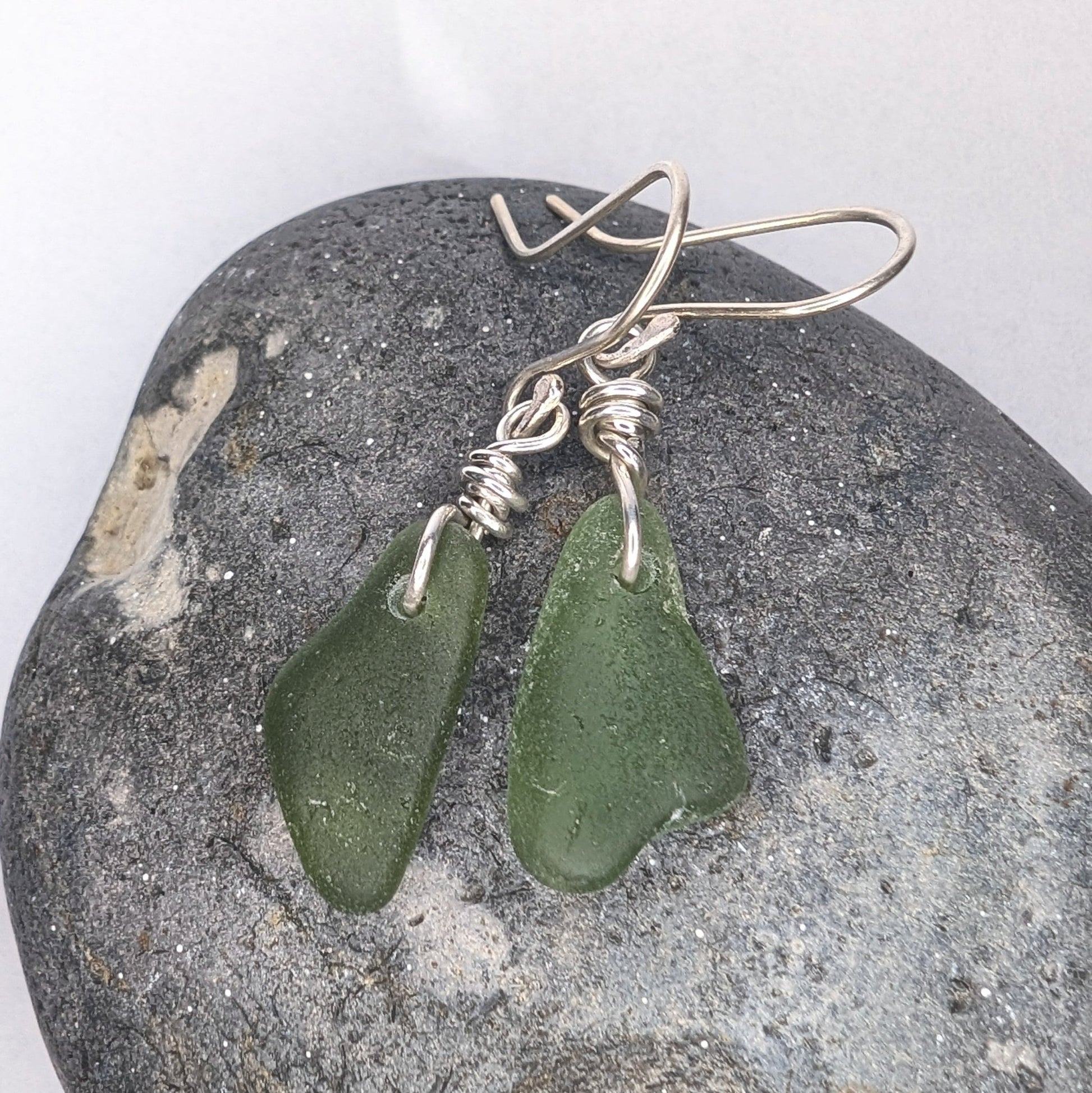 Recycled Sterling Silver Wire Wrapped Green Seaglass Dangle Hook Earrings - Not Lost Jewellery