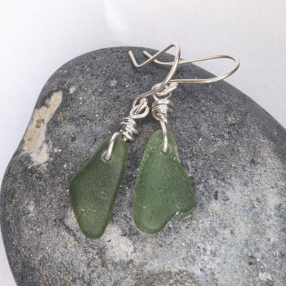 Recycled Sterling Silver Wire Wrapped Green Seaglass Dangle Hook Earrings - Not Lost Jewellery