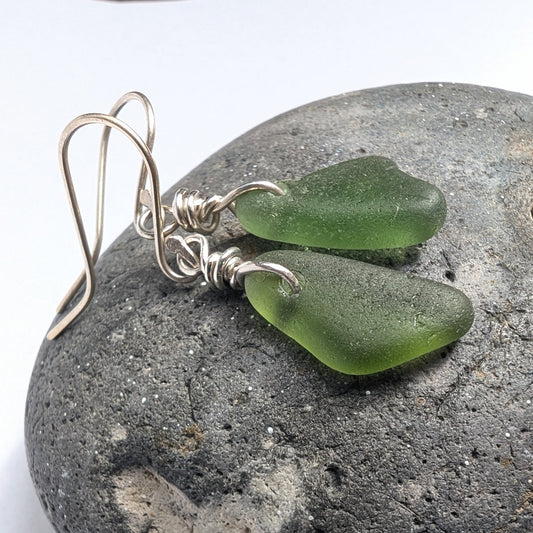 Recycled Sterling Silver Wire Wrapped Green Seaglass Dangle Hook Earrings - Not Lost Jewellery