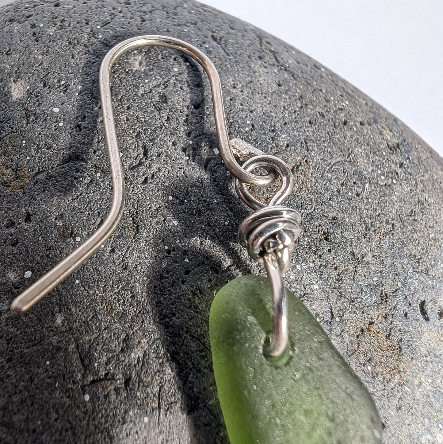 Recycled Sterling Silver Wire Wrapped Green Seaglass Dangle Hook Earrings - Not Lost Jewellery