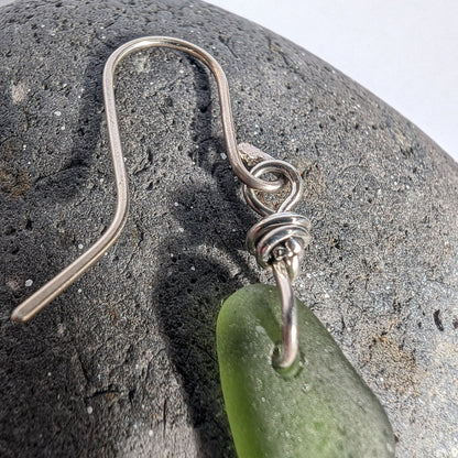 Recycled Sterling Silver Wire Wrapped Green Seaglass Dangle Hook Earrings - Not Lost Jewellery
