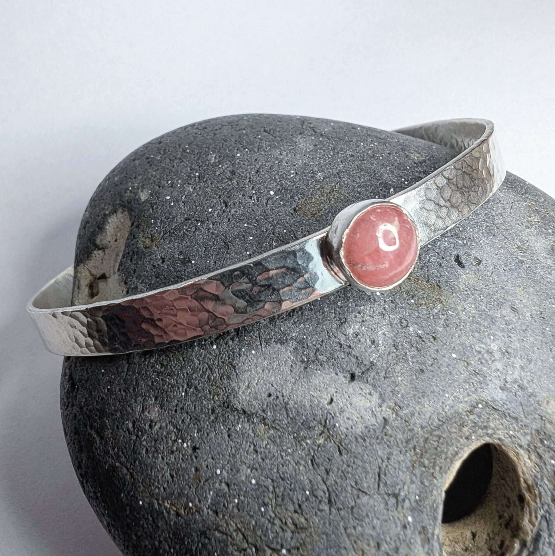 Rhodochrosite Gemstone & Recycled Sterling Silver Cuff Bracelet - Not Lost Jewellery