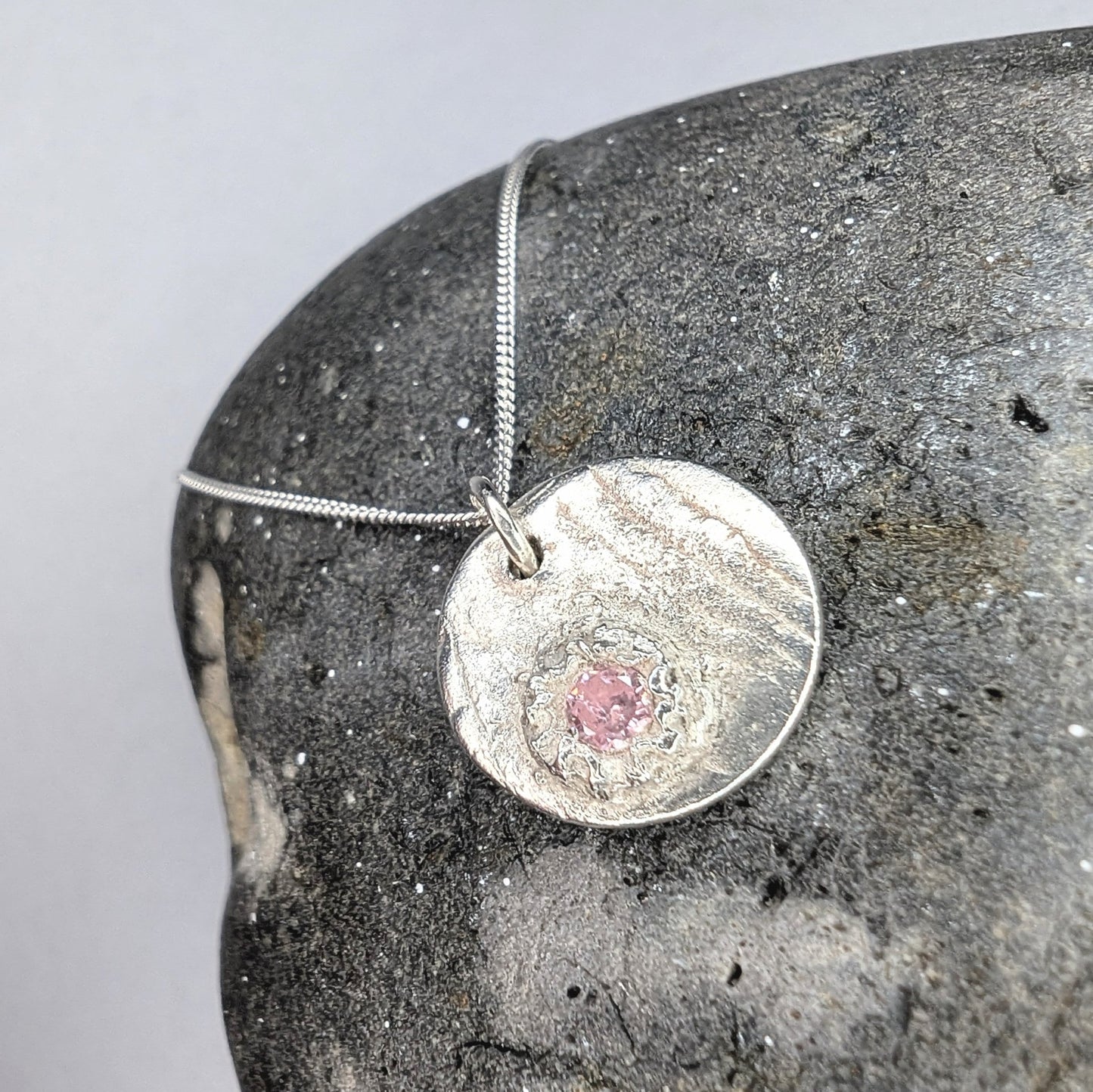 Silver Cast Pink Gem and Cuttlefish Texture Pendant Necklace - Not Lost Jewellery