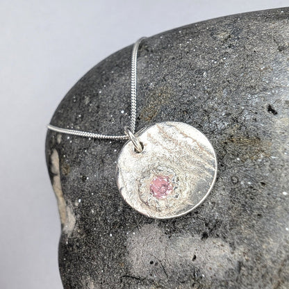 Silver Cast Pink Gem and Cuttlefish Texture Pendant Necklace - Not Lost Jewellery