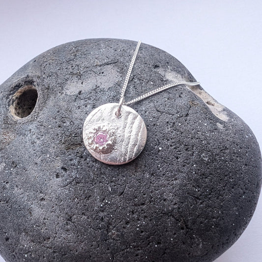 Silver Cast Pink Gem and Cuttlefish Texture Pendant Necklace - Not Lost Jewellery