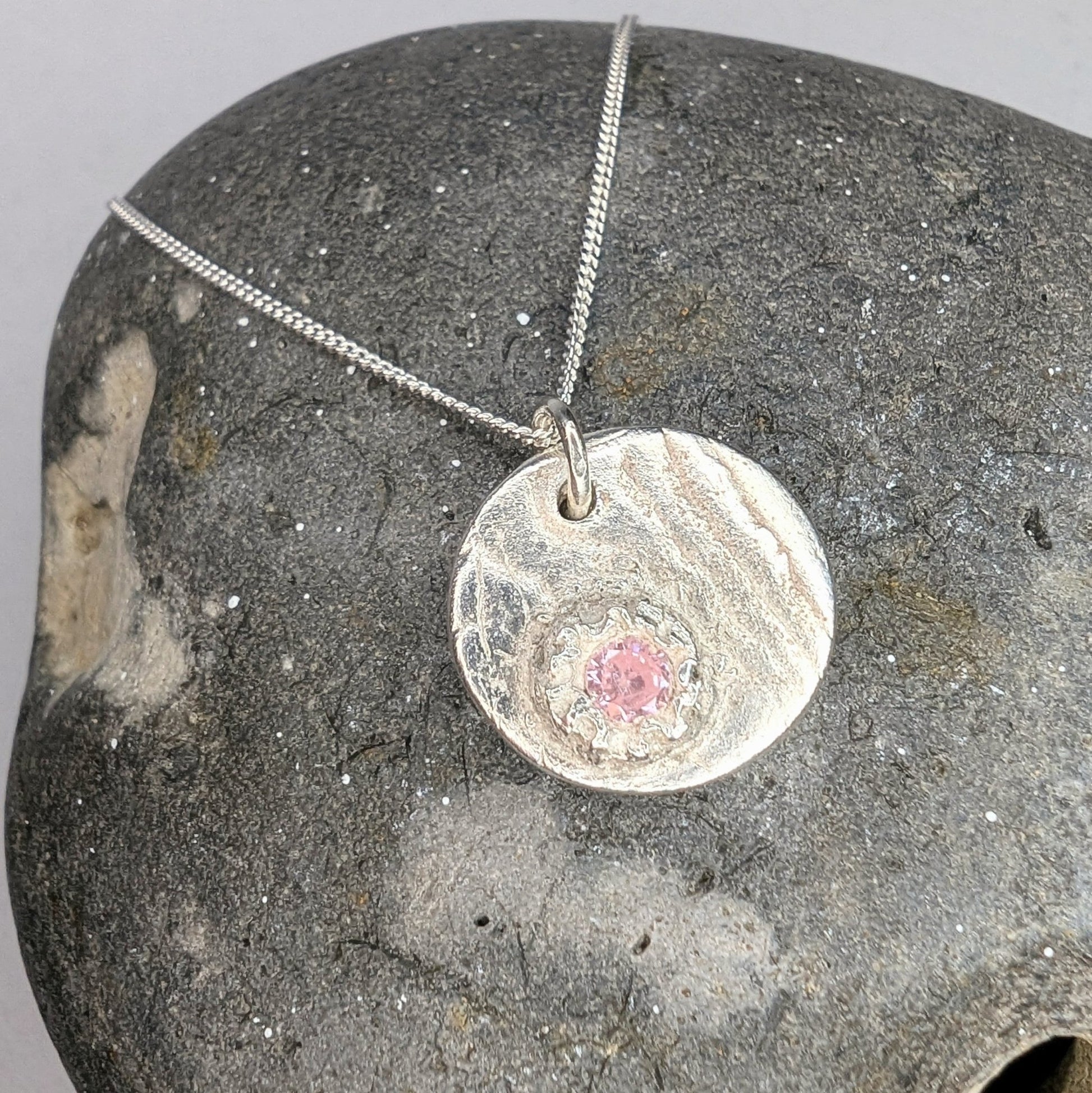 Silver Cast Pink Gem and Cuttlefish Texture Pendant Necklace - Not Lost Jewellery
