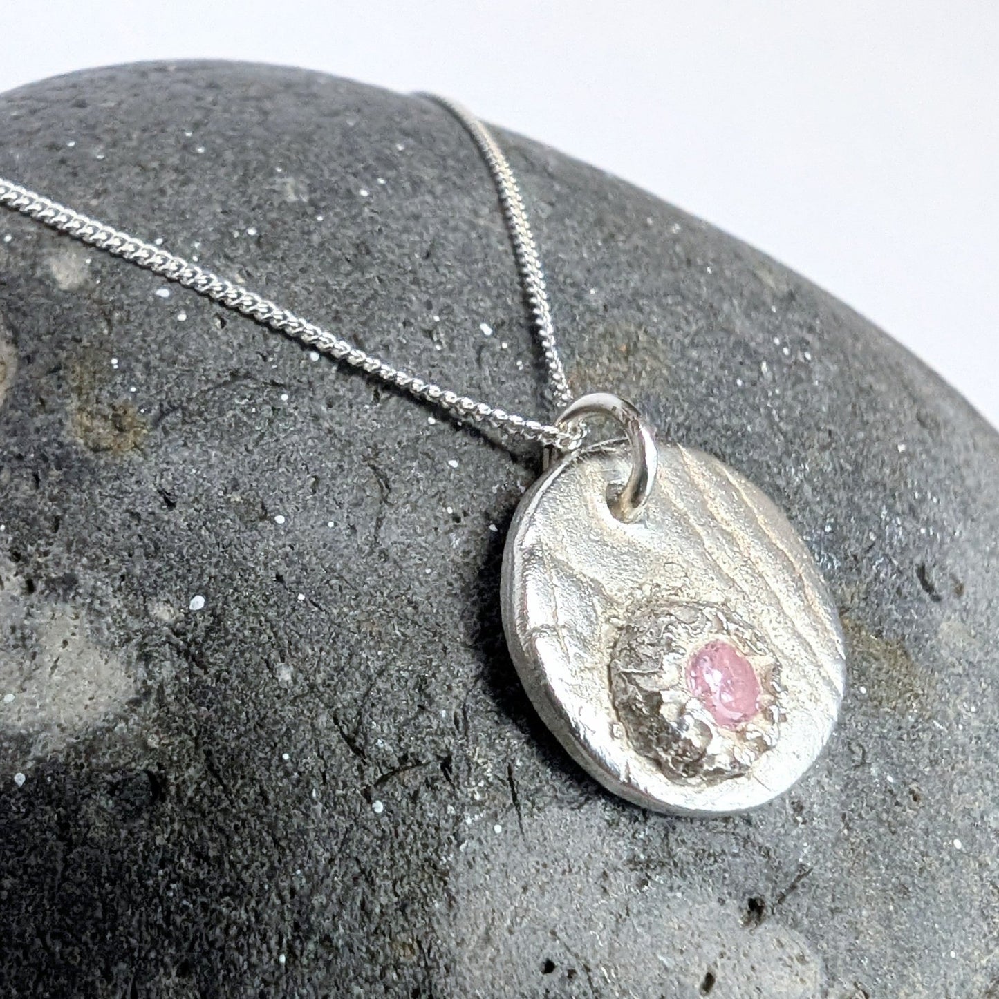 Silver Cast Pink Gem and Cuttlefish Texture Pendant Necklace - Not Lost Jewellery