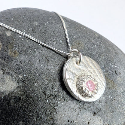 Silver Cast Pink Gem and Cuttlefish Texture Pendant Necklace - Not Lost Jewellery