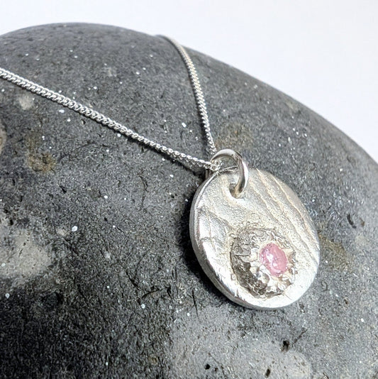 Silver Cast Pink Gem and Cuttlefish Texture Pendant Necklace - Not Lost Jewellery
