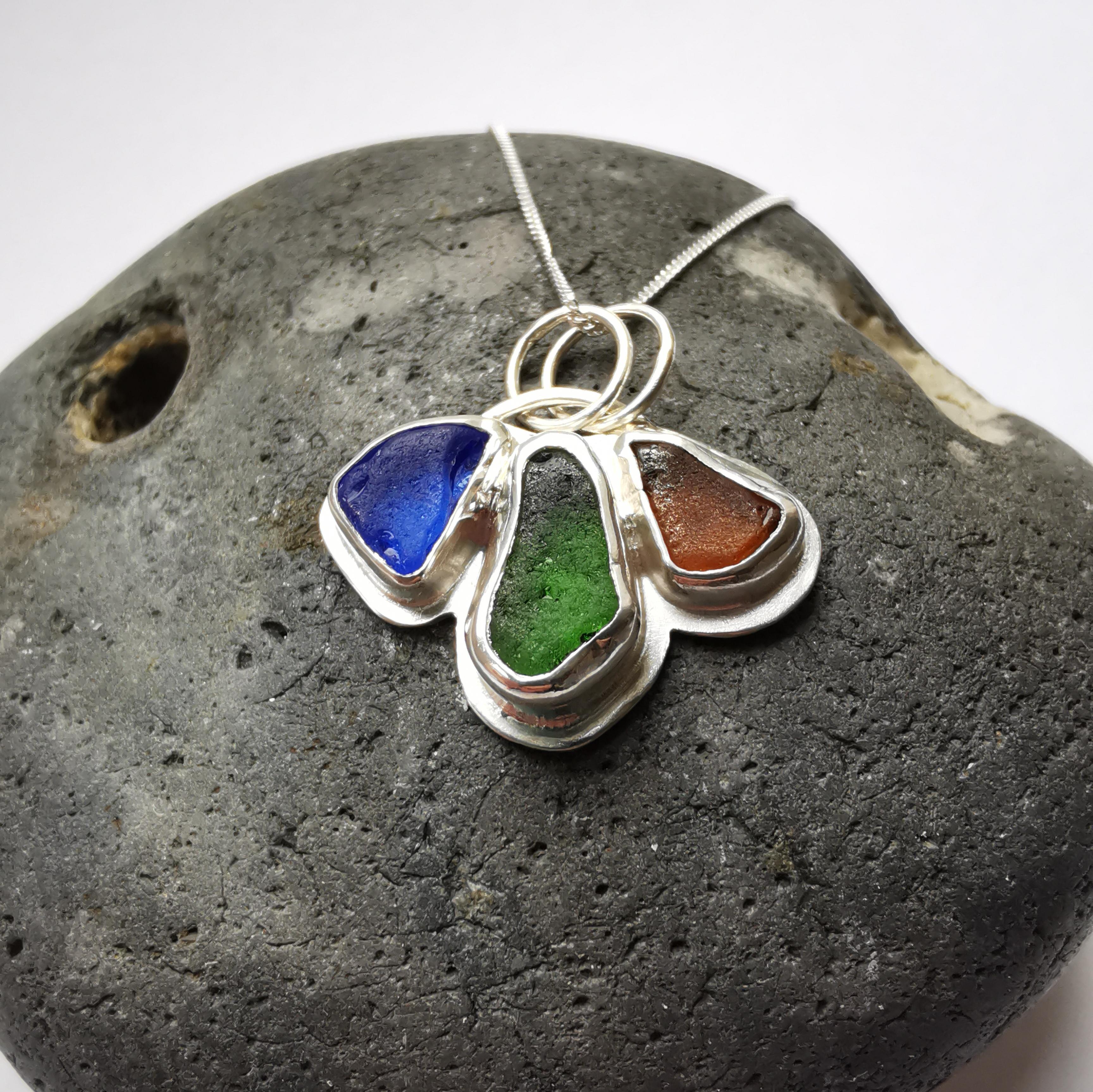 Colbalt, Green & Amber Tri-Colour Seaglass Pendant - Not Lost Jewellery