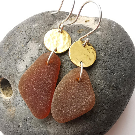 Dark Amber Seaglass Dangle Earrings with Hammered Brass Disks and Sterling Silver Ear Hooks - Not Lost Jewellery