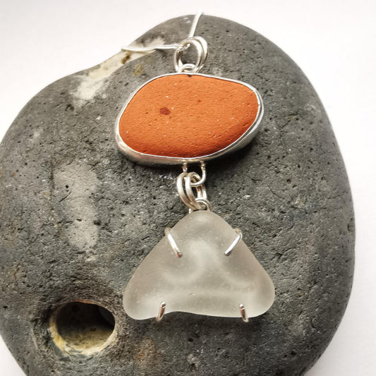 Sea Weathered Brick and Claw Set Seaglass Recycled Silver Pendant Necklace - Not Lost Jewellery